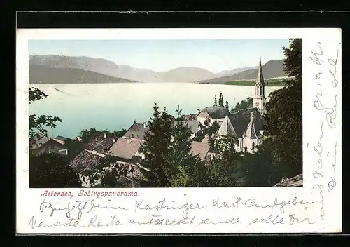 AK Attersee, Teilansicht mit Gebirgspanorama