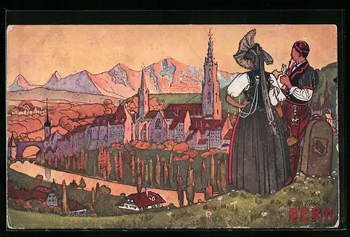 Künstler-AK Bern, Trachtenträger blicken auf die Stadt