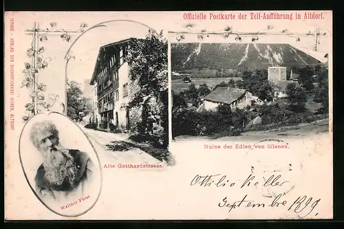 AK Altdorf, Ruine der Edlen von Silenen, Alte Gotthardstrasse, Portrait Walther Fürst