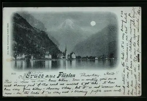 Mondschein-AK Flüelen, Teilansicht vom See aus