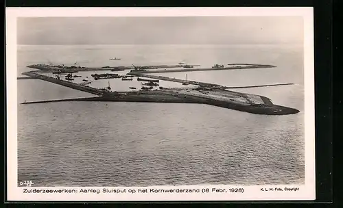 AK Zuiderzeewerken, Aanleg Sluispunt op het Kornwederzand, Febr. 1928, Fliegeraufnahme