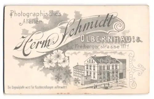 Fotografie Herm. Schmidt, Olbernhau i. Sa., Freibergerstr. 177, Ansicht Olbernhau, Fotografisches Atelier
