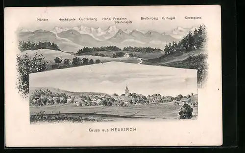 Künstler-AK Neukirch bei Tettnang, Gesamtansicht, Panorama mit Scesaplana, Pfänder, Guntenhang