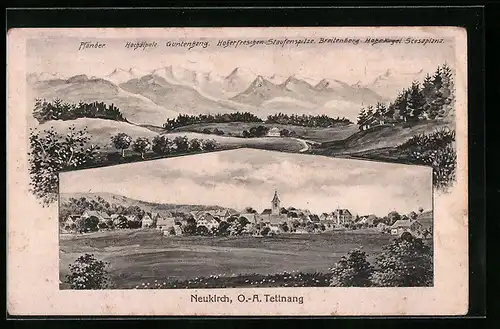 Künstler-AK Neukirch bei Tettnang, Gesamtansicht, Panorama mit Pfänder, Guntenhang und Scesaplana