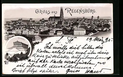 Vorläufer-Lithographie Regensburg, 1895, Gesamtansicht, Walhalla