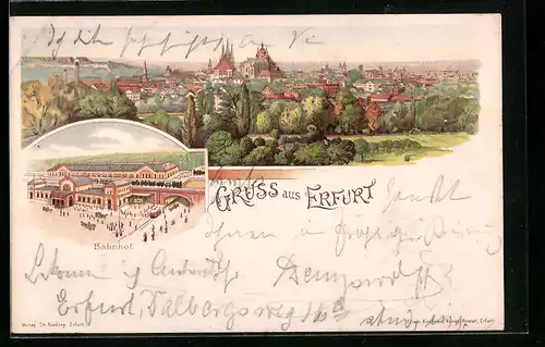 Lithographie Erfurt, Totalansicht, Bahnhof