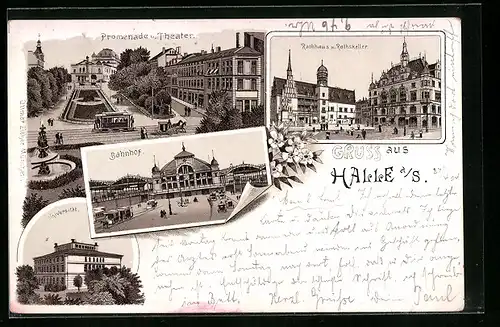 Lithographie Halle /Saale, Promenade und Theater, Rathaus und Rathskeller, Bahnhof, Universität