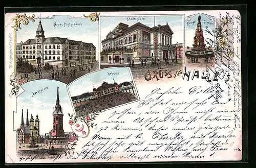 Lithographie Halle /Saale, Neues Postgebäude, Stadttheater, Krieger-Denkmal