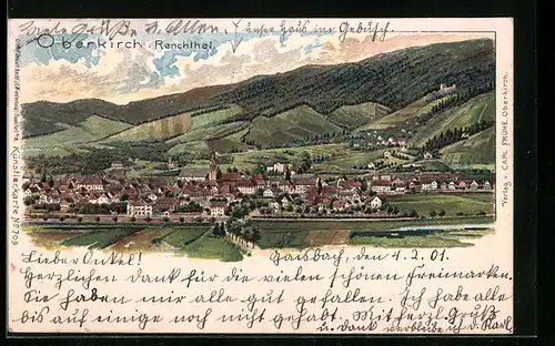 Lithographie Oberkirch /Renchthal, Gesamtansicht des Ortes