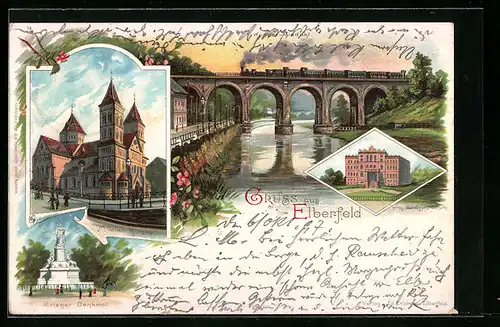 Lithographie Elberfeld, Wupper-Viadukt, Krieger Denkmal, Marien Kirche
