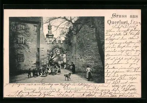 AK Querfurt, Inneres Schlossthor und Schlosskirche1900 aus der Vogelschau