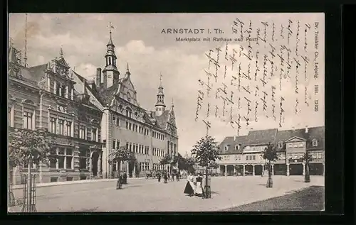 AK Arnstadt /Th., Marktplatz mit Rathaus und Post