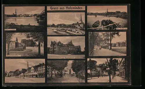 AK Holzminden, Dampferanleger mit Kirche, Baugewerkschule, Bahnhofstrasse