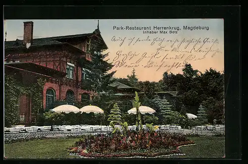 AK Magdeburg, Park-Restaurant Herrenkrug, Inhaber Max Botz, Gartenansicht