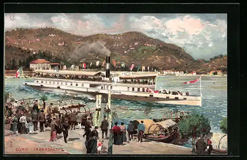 Künstler-AK Como, Imbarcadero, Dampfer Como