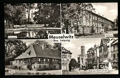 AK Meuselwitz /Bez. Leipzig, Leninpark, Mühle, Poliklinik