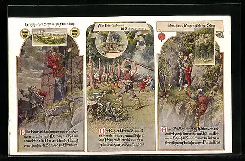 Künstler-AK Altenburg, versch. Motive, Fürstenbrunn bei Schwarzenberg, Forsthaus Prinzenhöhle bei Stein