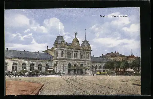 AK Mainz, Partie am Hauptbahnhof, Strassenbahn