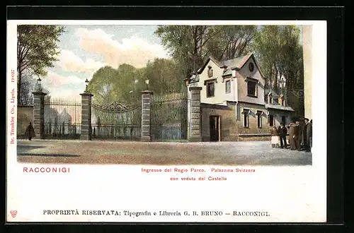 AK Racconigi, Ingresso del Regio Parco, Palazzina Svizzera con veduta del Castello