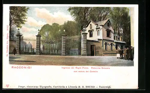 AK Racconigi, Ingresso del Regio Parco, Palazzina Svizzera con veduta del Castello