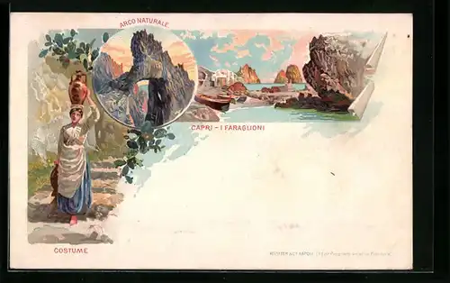 Lithographie Capri, I Faraglioni, Arco Naturale, Costume