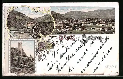 Lithographie Bozen, Panorama mit Mendel, Schloss Runkelstein, Gescheibter Thurm