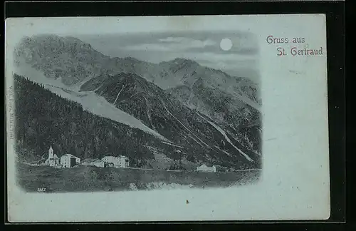 Mondschein-AK St. Gertraud, Ortsansicht aus der Vogelschau