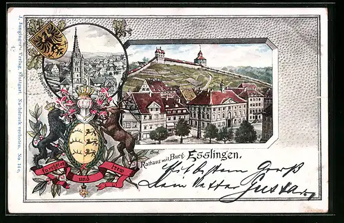 Lithographie Esslingen, Rathaus mit Burg, Frauenkirche