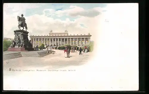 Lithographie Berlin, Partie am Reiterdenkmal Kaiser Wilhelm