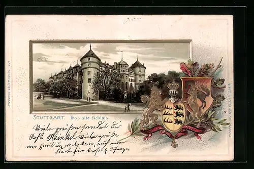 Präge-Lithographie Stuttgart, Das alte Schloss mit Wappen