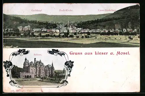 AK Lieser a. Mosel, Schloss, Ortsansicht mit Grainkopf, Pauls-Kirche