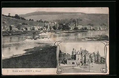 AK Lieser a. Mosel, Flusspartie mit Dampfer, Schloss