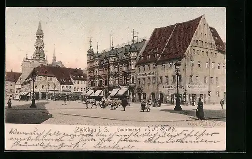 AK Zwickau i. S., Hauptmarkt mit Löwen-Apotheke und Kirche