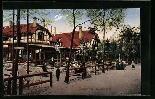 AK Chemnitz, Gasthaus Waldschenke mit Gästen