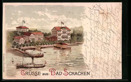 Lithographie Bad Schachen, Ortspartie mit Dampfer