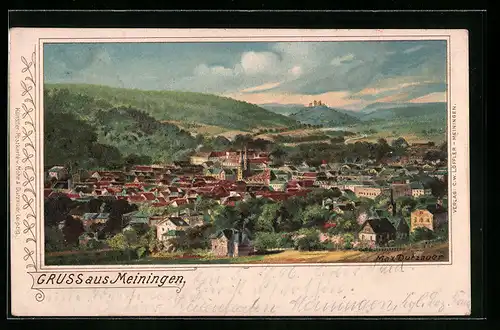 Lithographie Meiningen, Gesamtansicht aus der Vogelschau