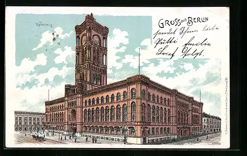 Lithographie Berlin, Blick auf das Rote Rathaus, Königstrasse