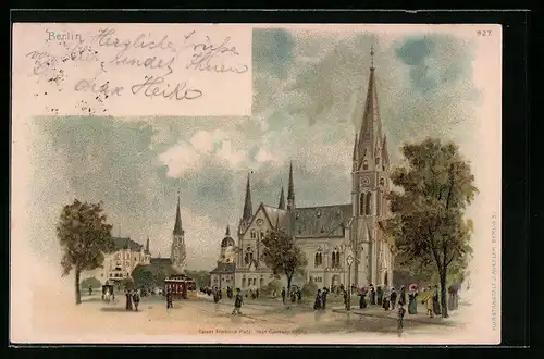 Lithographie Berlin-Kreuzberg, Kaiser Friedrich Platz, neue Garnisonkirche