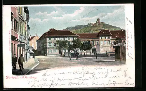 Lithographie Durlach, Ortspartie mit Turmberg