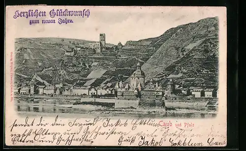 Relief-AK Caub, Ortsansicht mit Pfalz