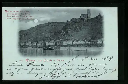 Mondschein-AK Caub a. Rhein, Uferpartie mit Burg
