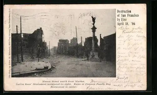 AK San Francisco, Destruction by Fire, 18. April 1906, Mason Street, Native Sons` Monument