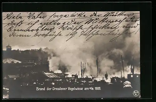 AK Brand der Dresdener Vogelwiese am 2.8.1909