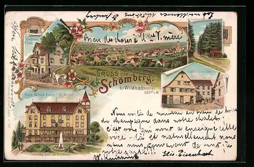 Lithographie Schömberg b. Wildbad /Württbg., Ortsansicht, Kaufhaus P. Eitel, Gasthaus zum Löwen