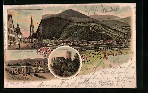 Lithographie Hausach /Baden, Hauptstrasse, Bahnhof mit Hotel, Schlossruine