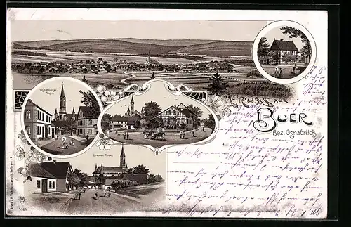 Lithographie Buer /Bez. Osnabrück, Ortsansicht, Osnabrücker-Tor, Bremer-Tor