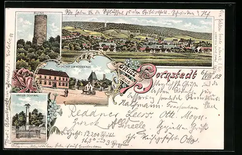 Lithographie Barnstedt, Ortsansicht, Ruine, Gasthof zum weissen Ross, Kriegerdenkmal