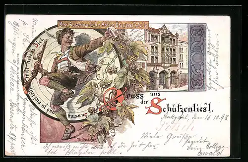 Lithographie Stuttgart, Gasthaus Schützenliesl, Mann in Tracht