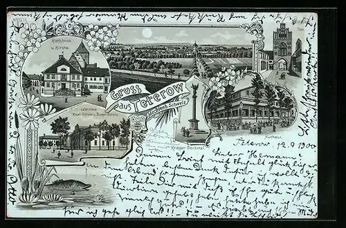 Lithographie Teterow /Mecklenb. Schweiz, Kurhaus, Rathaus und Kirche, Rostocker Tor