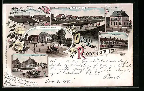 Lithographie Rodenkirchen, Schmedes Hotel, Neuhaus Gasthof, Bahnhof